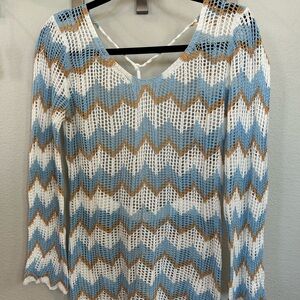 Chevron Knit Swim Cover in Blue, White, and Brown SHEIN medium